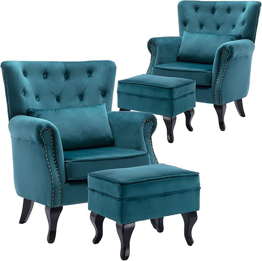 chairus Mid-Century Modern Accent Chairs with Ottoman Set of 2, Comfy Velvet Single Sofa Chair Button Tufted Wingback Armchairs with Pillow for Living Room/Bedroom/Club - Teal