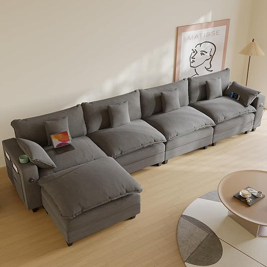 Modular Sectional Sofa, Cloud Couch with Ottoman, Charging Station, Throw Pillows, Cup Holders, Modern Convertible L Shaped Couches for Living Room, Bedroom (Grey, 152"- L Shape)