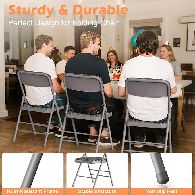 Commercial Grade Folding Chair with Padded Fabric Cushion（16"X16" |Double-hinged Legs Luxury Style|4.5kg Capacity Max Weight 150Kg for Home and Office,Indoor and Outdoor Events (4, Fabric-Grey)