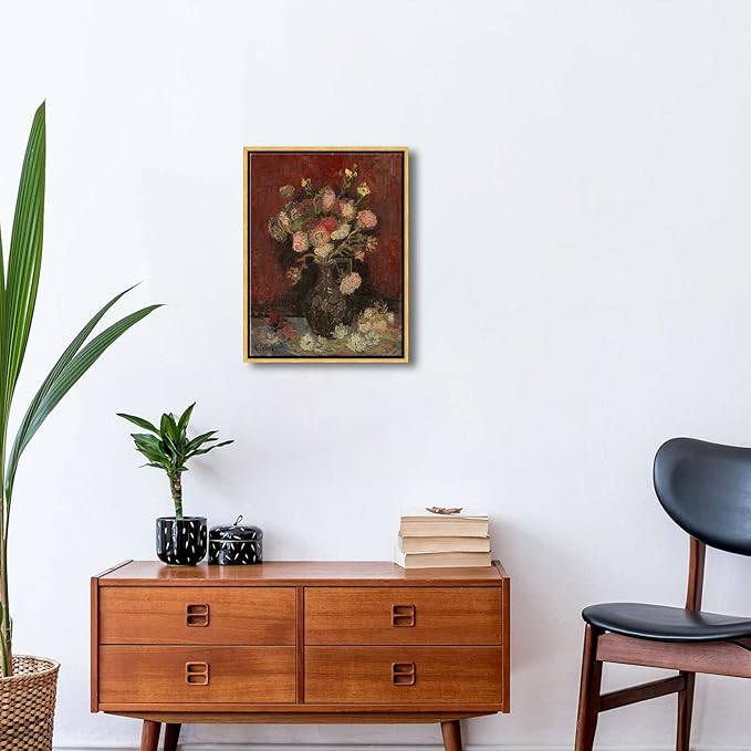 Wieco Art Framed Art Vase with Chinese Asters and Gladioli by Van Gogh Famous Oil Paintings Reproduction Abstract Canvas Prints for Home Decorations Bronze Gold Frame