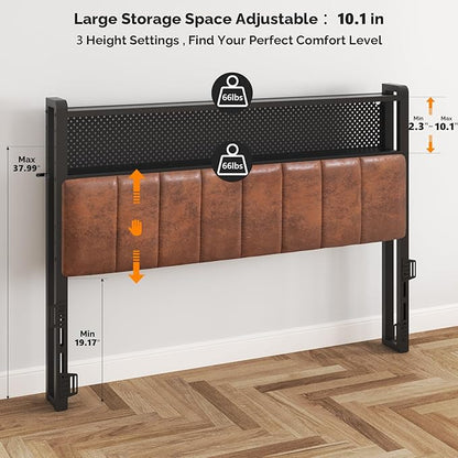 VINGLI Queen Size Headboard Only, Adjustable Upholstered Headboard with 2 Tier Shelves and Pegboard with Charging Stations and LED Lights, Modern Bed Headboard with Storage for Bedroom Decor