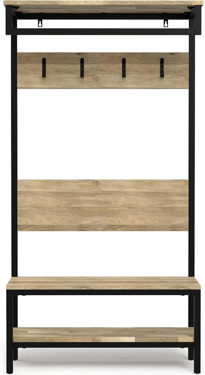 SIMPLIHOME Westmont Hall Tree Bench - 40 inch Wide Solid Mango Wood Entryway Seat in Natural, Industrial Bench for Entryway or Hallway with Metal Frame, Coat Hooks and Open Shelf