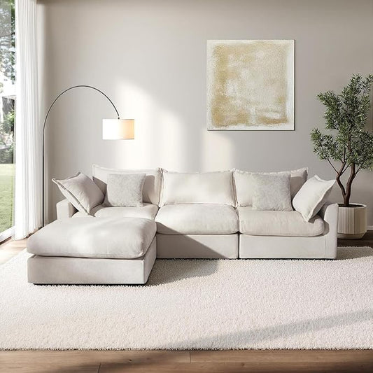 118.5" Down Filled Cloud Couch, Chenille Modular Sectional Sofa with Storage Ottoman, 3-Seater L Shape Sofa with Throw Pillows, Mordern Sectional Couches for Living Room, Beige