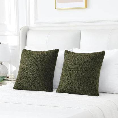 FUTEI Olive Green Throw Pillow Covers 26x26 Inch Set of 2,Furry Faux Fur Teddy Boucle Textured Cushion Covers,Soft Fluffy Decorative Euro Pillow Shams,Home Decor for Couch Bed Living Room Office Car