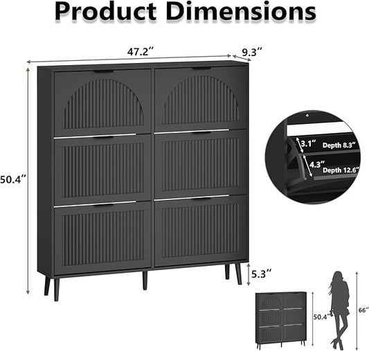 Shoe Cabinet for Entryway with 6 Flip Drawers, Slim Wooden Shoe Storage Organizer with Modern Fluted Pannel，Freestanding Narrow Hidden Shoe Rack for Hallway, Foyer, Living Room