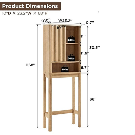 RedLemon Over The Toilet Storage Cabinet with Fluted Sliding Door, 68" Tall Wood Space Saver w/Faux Marble Top & Adjustable Shelf, Curved Profile Rack Organizer for Bathroom, Natural Oak Color