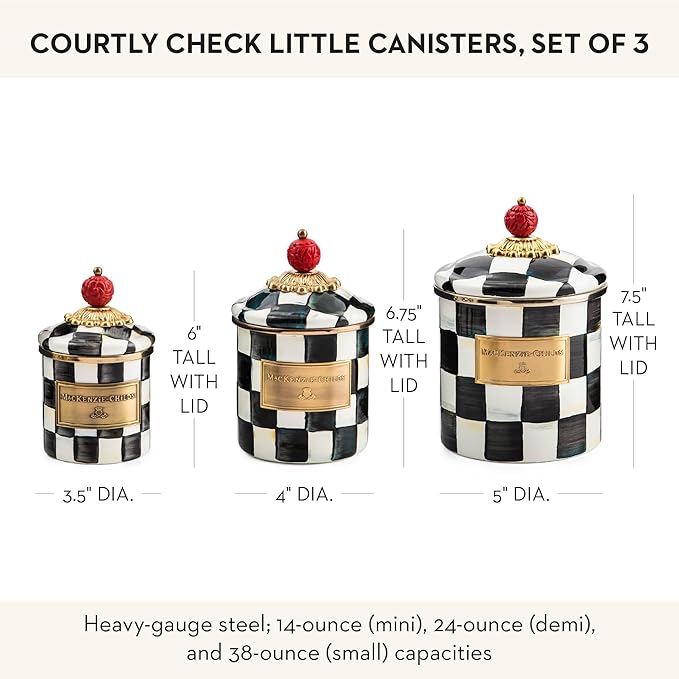 MACKENZIE-CHILDS Enamel Canister Set, Mini (14 oz.), Demi (24 oz.), and Small (38 oz.) Kitchen Containers, Black-and-White Courtly Check