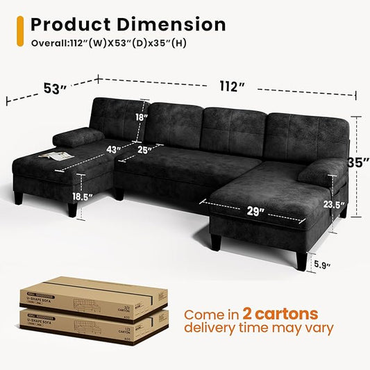 KKL Sectional Sofa Couch for Living Room, U Shaped Couch with Storage, Home Sofas with Chaise, Modern Comfy Couches for Apartment, Living Room Furniture, Chenille (Black, U Shape)