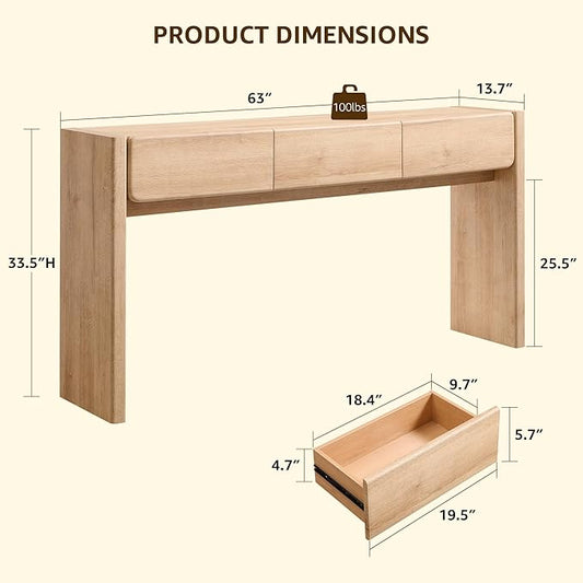 OKD 63'' Console Table with 3 Drawers, Farmhouse Entryway Table with Rounded Corners, Console Table Behind Couch for Living Room/Hallway-Natural Oak