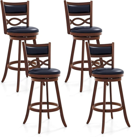 COSTWAY Bar Stools Set of 4, 29.5” Bar Height Stools with Rubber Wood Frame, Faux Leather Upholstered Seat and Backrest, Swivel Barstools for Kitchen Island, Pub, Brown (4, Seat Height: 29.5”)