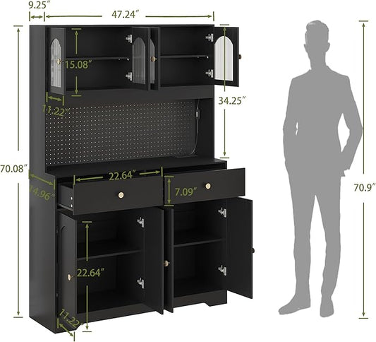 70" Pantry Cabinet with Pegboard, Kitchen Pantry Storage Cabinet with Shelves & Drawer, Adjustable Shelves, LED Light & Power Outlets for Dining Room (Black)