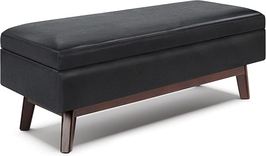 SIMPLIHOME Owen 48 inch Wide Mid Century Modern Rectangle Rectangular Storage Ottoman in Midnight Black Vegan Faux Leather, Assembled, for the Living Room, Entryway and Family Room
