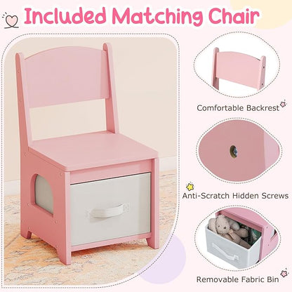 Costzon Kids Vanity with Lights, Girls Vanity Set with Mirror Cabinet, Storage Drawers, Hooks & Shelves, Toddler Makeup Vanity Desk Dressing Table, Wooden Kids Vanity Table and Chair Set (Pink)