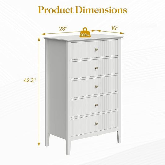 RoyalCraft White Fluted 5 Drawer Dresser for Bedroom, Tall Chest of Drawers, Waterproof Lacquered Desktop,Modern Wood Storage Cabinet for Living Room