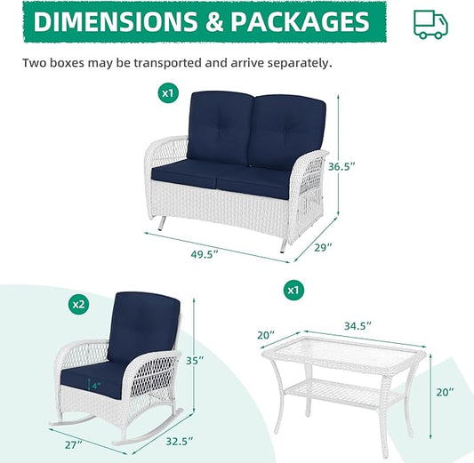 VIVIJASON 4-Piece Outdoor Patio White Wicker Conversation Sets, All Weather Outdoor Rattan Furniture Set Includes Glider Loveseat, Coffee Table, 2 Rocking Chairs with Cushions for Backyard, Navy Blue