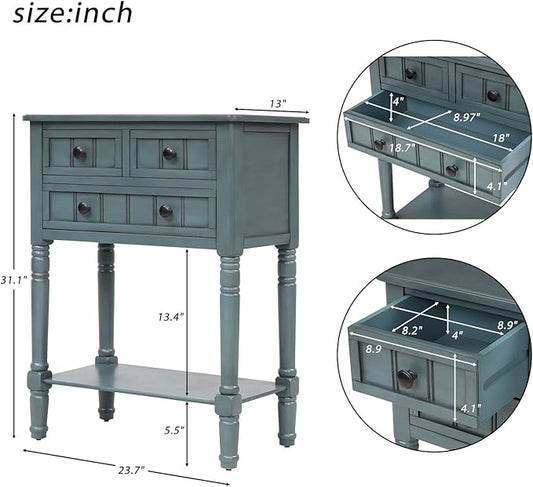 Knocbel Slim Antique Entry Console Table with Drawers & Bottom Open Shelf, Solid Wood Sofa Couch Table for Entryway Hallway Living Room (Navy)