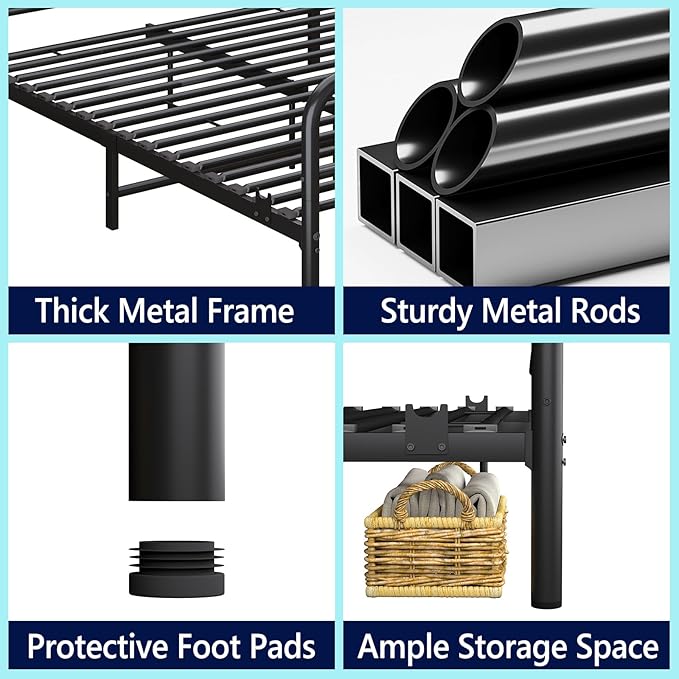 Metal Full Single Bed Frame with Storage Space, 74.8" in Steel Bed Frame with Protective Foot Pads, Strong Bearing Capacity Full Size Bed, Easy Assembly, Underbed Storage Space（35.4 inch）