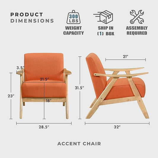 Lexicon Mid Century Modern Accent Chair with Solid Wood Frame in Natural Finish, Textured Fabric Living Room Lounge Arm Chair, Thick and Comfy Innerspring Seat Cushion, Linen-Look Fabric, Orange