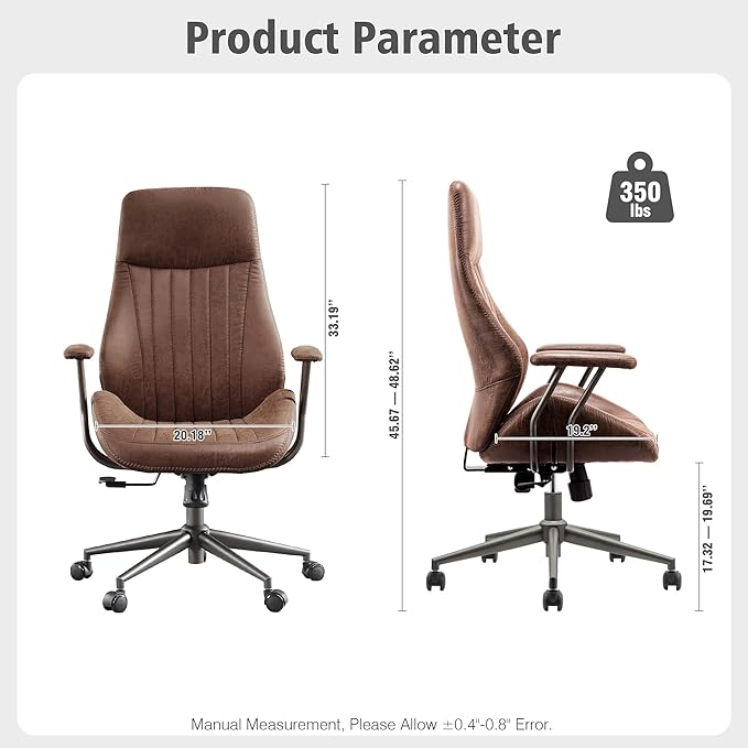 ovios Home Office Ergonomic Chair, Mid-Century Modern Luxury Faux Suede Leather Chairs, Comfy High Back Computer Swivel Rolling Task Armchair for Executive, Dark Brown
