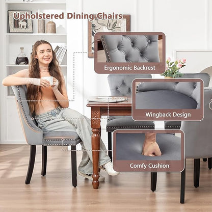 Velvet Dining Chairs Set of 6, Tufted Dining Room Chairs with Nailhead Ring Pull Trim, Upholstered Dining Chairs with Solid Wood Legs for Kitchen Dining Room (Grey)