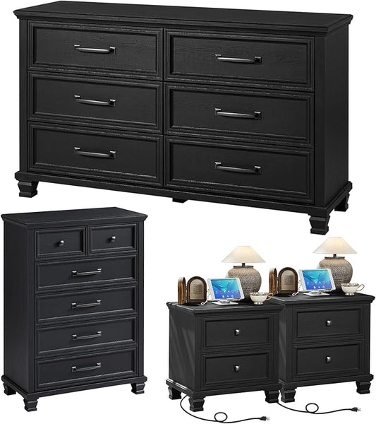 Farmhouse Bedroom Dresser and Nightstand Set of 4, 6 Drawer Tall & Low Dresser & 2 Drawer Nightstand Set, Rustic Wood Bedroom Furniture Set for Livingroom, Hallway, Black