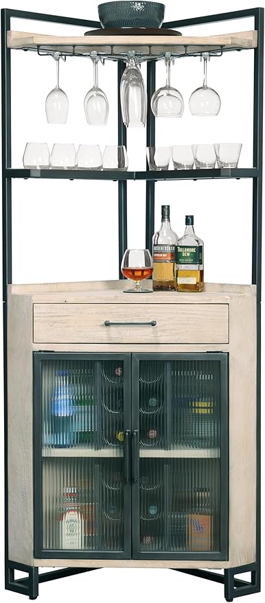Howard Miller Studio Corner Bar Cabinet - Glass Doors, Glass Rack, Wooden Shelves, Drawer & Metal Frame Space Saving Bar Storage Unit for Small Spaces, Industrial Corner Bar Home Bar Furniture