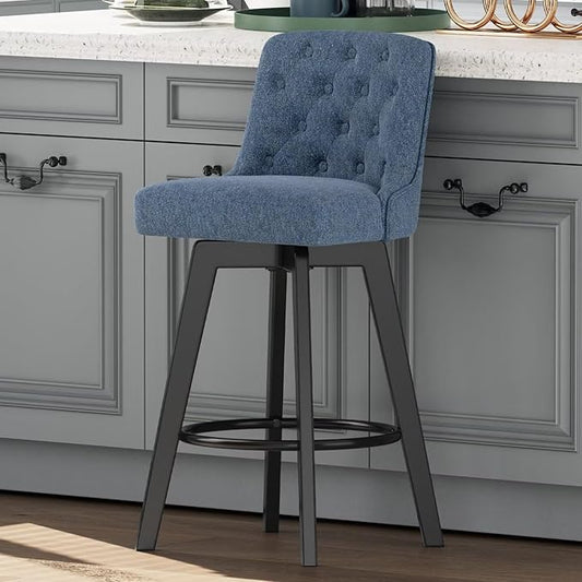 MINCETA Bar Stool, 30 Inch Upholstered Barstool with Low Tufted Back and Footrest, Swivel Counter Height Barstool for Kitchen Island Home Bar Performance Fabric Navy Blue