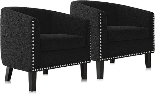 BELLEZE Barrel Chairs Set of 2, Modern Accent Tub Club Chairs Armchairs for Living Room, Upholstered Accent Chairs with Silver Nail Head Trim Black Legs - Kyara (Black/Polyester)