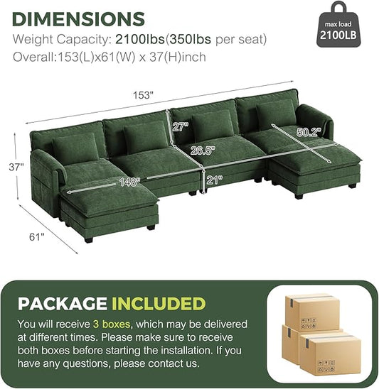 ELUCHANG 153" Oversized Modular Sectional Sofa, Comfy Deep Seat Cloud Couch, 6 Seater U Shaped Modern Sofa with Removable Cover for Living Room, Apartment, DIY Combination, Chenille Olive Green