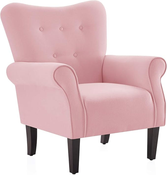 BELLEZE Modern Accent Chair, High Back Armchair, Upholstered Wingback Side Chair, Padded Single Sofa with Wooden Legs for Living Room, Bedroom - Pink