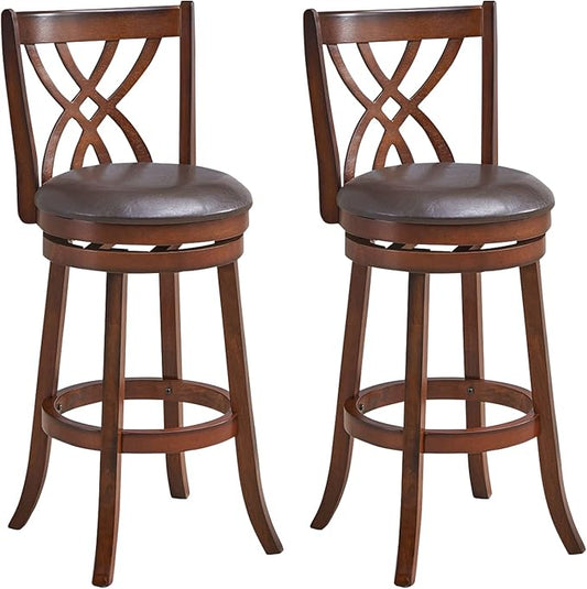 COSTWAY Bar Stools Set of 2, 360° Swivel Chairs with Rubber Wood Frame, 30-Inch PU Leather Cushioned Seat and Footrests, for Kitchen Island, Dining Room, Bar (Brown-30 inches, 2 stools)