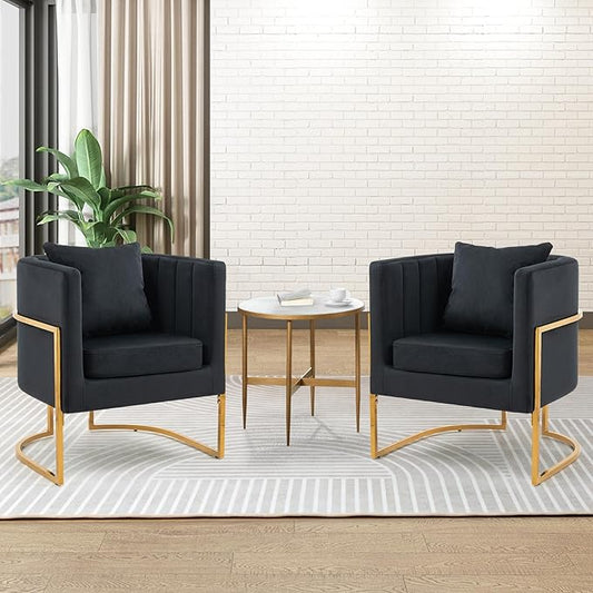 Velvet Modern Accent Chairs Set of 2, Upholstered Barrel Armchair Mid Century with Pillow for Living Room, Comfy Single Vanity Chair with Metal Gold Legs for Bedroom, Black