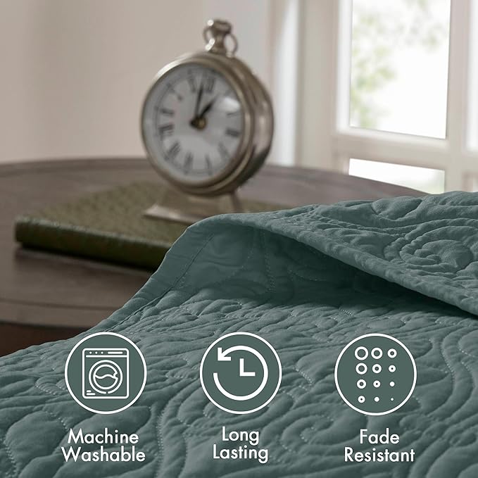Madison Park Bedspread Set Reversible Damask Quilted Oversized Coverlet, Cotton-Filled Quilts Queen Oversized, All Season, Lofty & Warm Bedspread, Quebec, Queen Balsam Green 3 Piece
