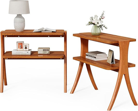 LITTLE TREE Narrow Side Table Set of 2, Small Side Table, 2-Tier Farmhouse End Table with Solid Wood Legs, Space-Saver for Living Room, Bedroom, Entryway (Walnut)