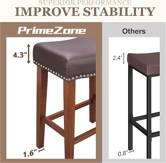 PrimeZone Counter Height Bar Stools Set of 8 - Backless Saddle Barstools with 4.3" Thick Upholstered, Nailhead Trim Faux Leather & Solid Wood Legs, 26 Inch Counter Stools for Kitchen Island, Brown