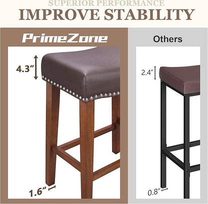 PrimeZone Counter Height Bar Stools Set of 2 - Backless Saddle Barstools with 4.3" Thick Upholstered, Nailhead Trim Faux Leather & Solid Wood Legs, 26 Inch Counter Stools for Kitchen Island, Brown