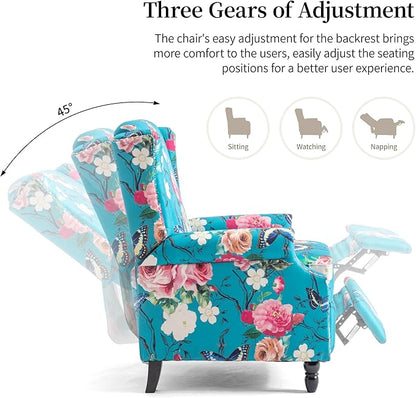Pushback Recliner Chair, Floral Fabric Wingback Recliner Chair, Upholstered Armchair Push Back Recliner, Rivet Trim Single Sofa Accent Chair with Wood Legs for Living Room, Peacock Blue