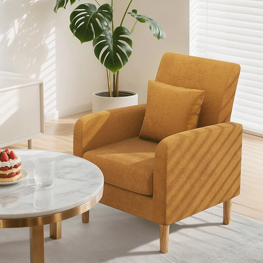Athena Collection Armchair Modern Accent Chair Upholstered Sofa Chair with High Back, Linen Lounge Living Room Chair Single Reading Seat with Pillow & Thick Seat Cushion for Bedroom, Yellow