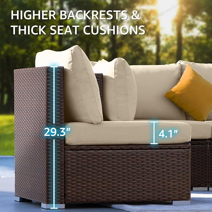 NICESOUL 29.3'' High Backrest Patio Furniture Sectional Set, 7 Piece Outdoor Conversations with Fireplace Natural Gas Propane Convertible, Deep Large Funky PE Rattan Sofa Couches for Backyard, Brown