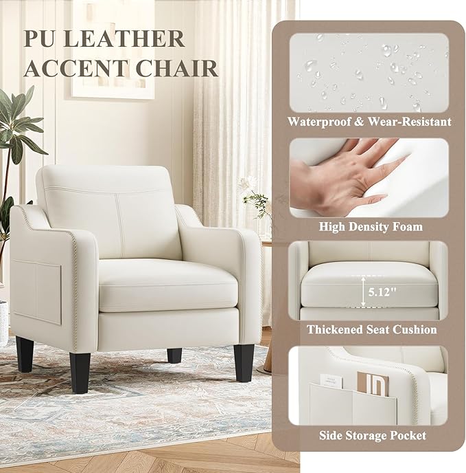 PU Leather Accent Chair, Mid-Century Modern Living Room Armchair Sofa with Removable Cushions, Solid Wood Frame & Stitched Armrest Design, Bedroom Chair with Plastic Legs, Beige