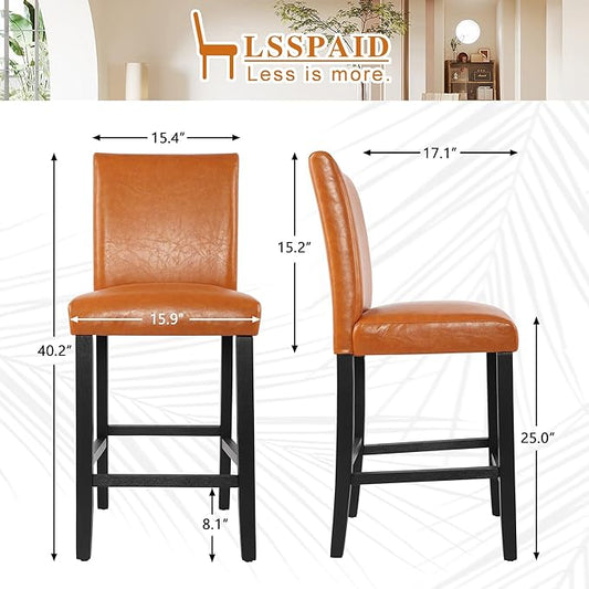 LSSPAID Counter Height Bar Stools Set of 2, 24.8 Inch Upholstered PU Leather Barstools, Modern Kitchen Island Chairs with Backrest and Solid Wood Legs, Light Brown