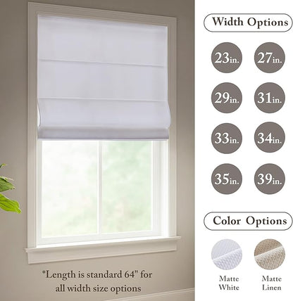 Madison Park Galen Matte White Cordless Roman Shades - Fabric Privacy Single Panel Darkening, Energy Efficient, Thermal Insulated Window Blind Treatment, for Home, Living Room Decor, 33" W x 64" H