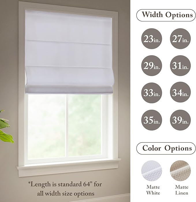 Madison Park Galen Matte White Cordless Roman Shades - Fabric Privacy Single Panel Darkening, Energy Efficient, Thermal Insulated Window Blind Treatment, for Home, Living Room Decor, 27" W x 64" H