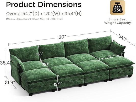 KKL 120" Huge Modular Sectional Sofa Bed, 8 Seater Convertible J/L/U-Shaped Sleeper Cloud Couch with Ottoman, Chenille Sectional Couches for Living Room, Apartment, Green