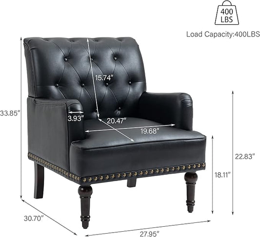 Pia Ricco PU Leather Accent Chair: Modern Nailhead Trim Armchair with Wooden Legs - Upholstered Reading Seat for Office, Living Room, Bedroom-Black