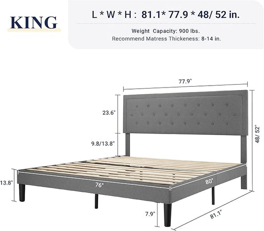 Allewie King Size Upholstered Platform Bed Frame with Adjustable Headboard, Button Tufted, Wood Slat Support, Easy Assembly, Light Gray