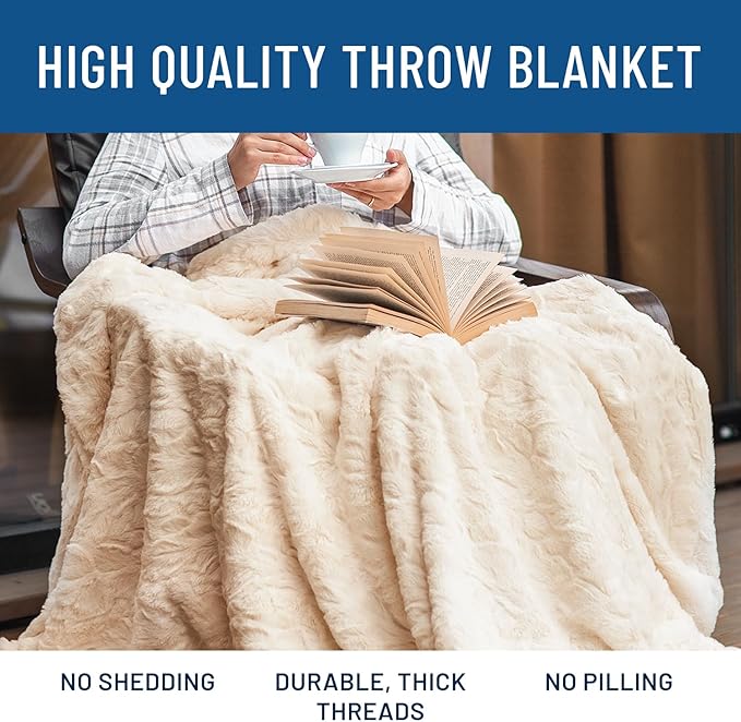 Everlasting Comfort Soft & Comfortable Ivory Faux Fur Throw Blanket for Couch - (50"x65") Minky & Fluffy Fall Blankets & Throws, Plush Fuzzy Cover for Bed, Sofa & Living Room - Cozy Home Decor