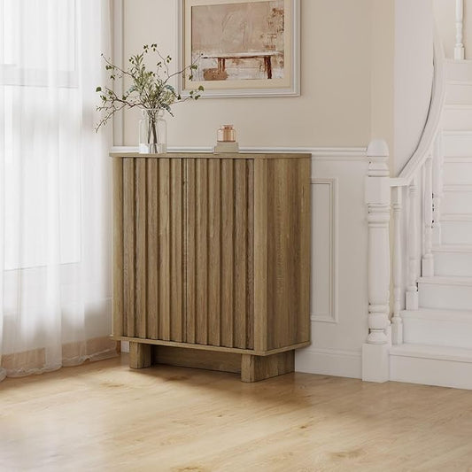Natural Storage Cabinet Set, Freestanding Floor Cabinet 23.6” Farmhouse Sideboard with 2 Fluted Doors Wooden Buffet Cabinet Media Console Table Credenza for Living Room Dining Room Hallway, Singe