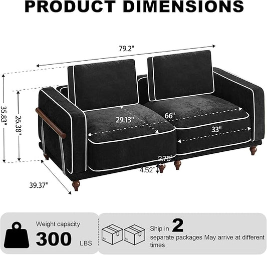 80" Loveseat Sofa Cloud Modular Sectional Couch,Deep Love Seat Couch with Armrests Wooden Legs,2 Seater Comfy Thicked Cushion Upholstered Sofa for Living Room Bedroom,Black