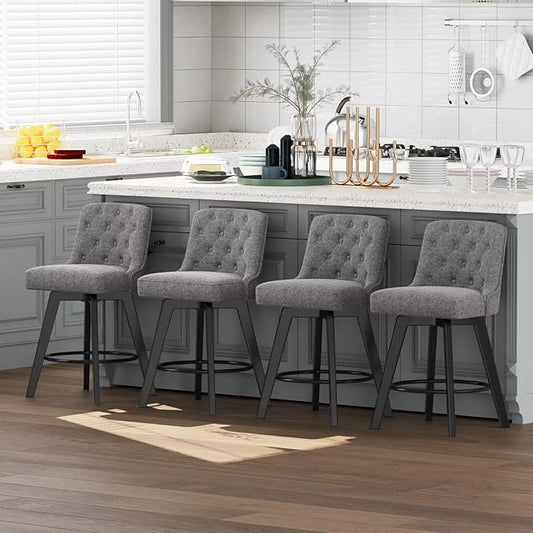 MINCETA Bar Stools Set of 4, 26 Inch Upholstered Barstools with Low Tufted Back and Footrest, Swivel Counter Height Barstools for Kitchen Island Home Bar Performance Fabric Gray